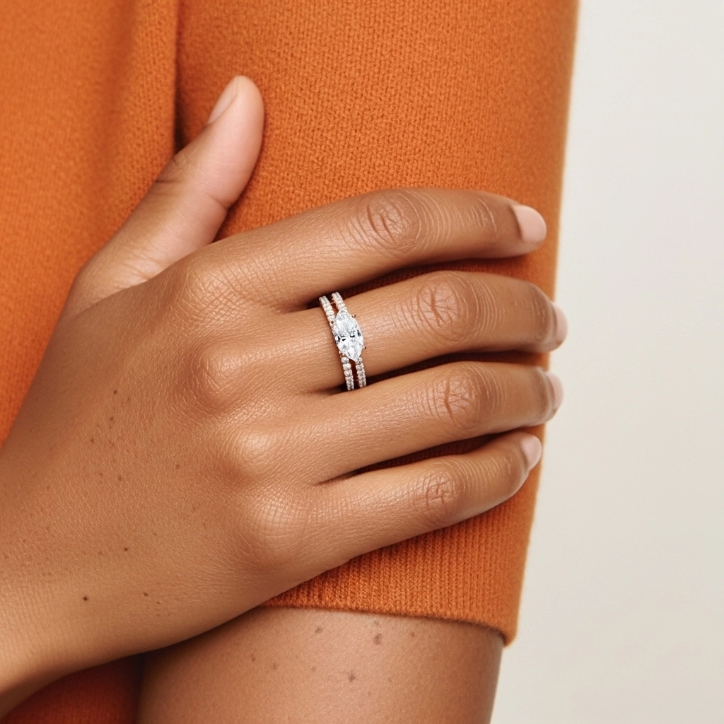 Or rose 18 carats Est Ouest Tige Droite Ensemble nuptial