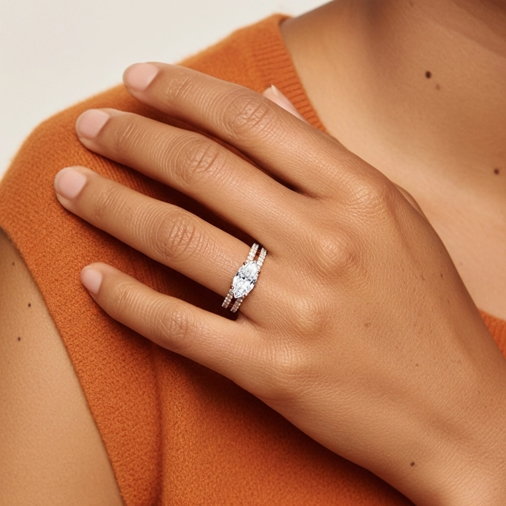 Or rose 18 carats Est Ouest Tige Droite Ensemble nuptial