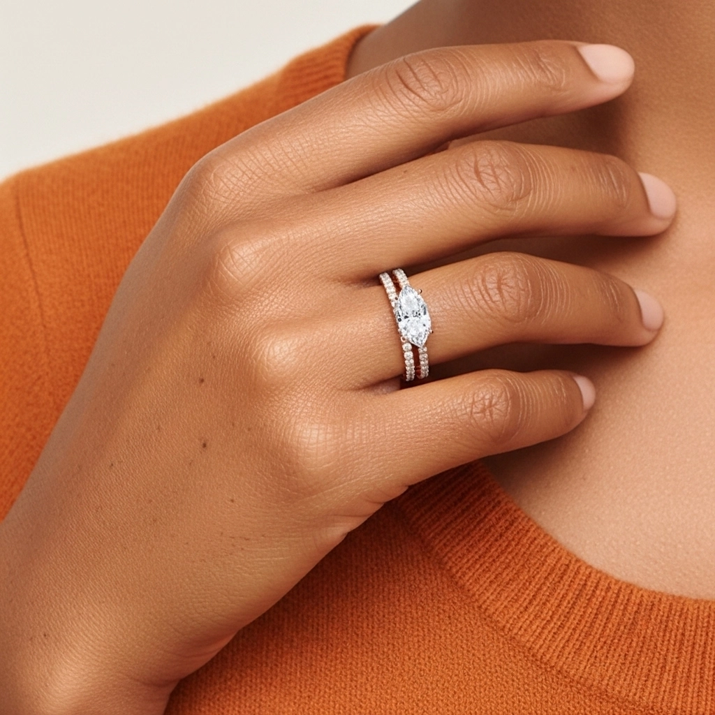 Or rose 18 carats Est Ouest Tige Droite Ensemble nuptial