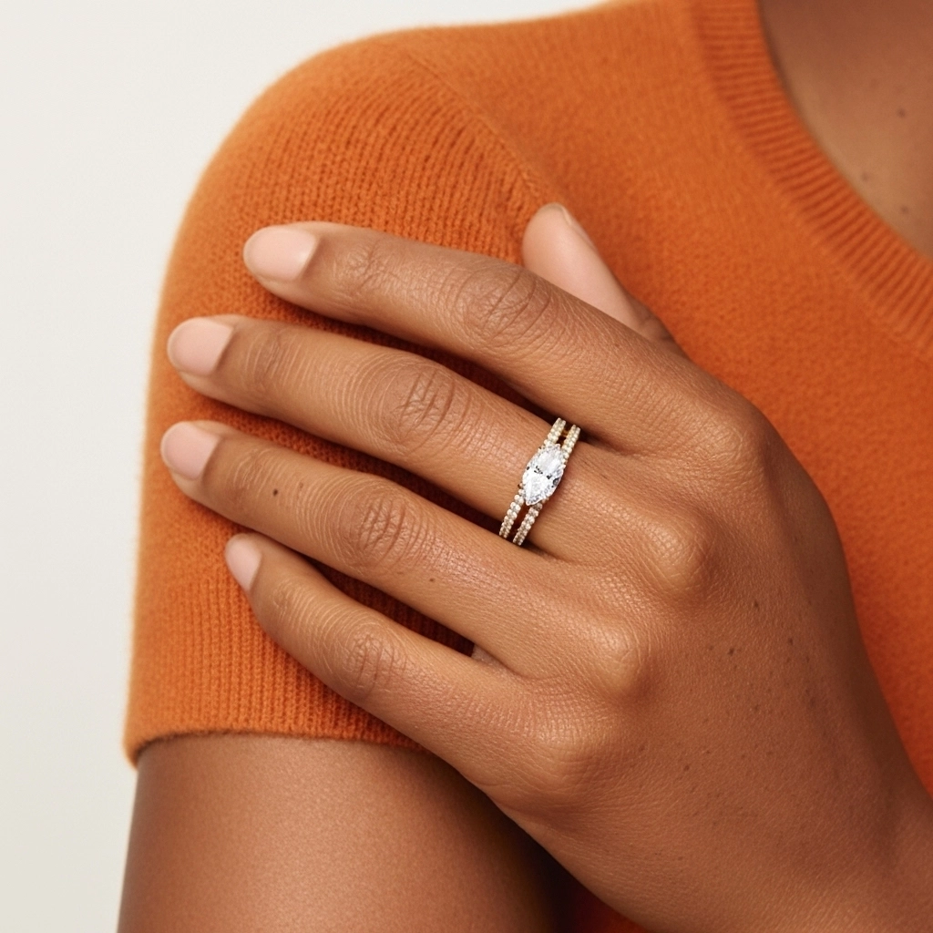 Argent sterling 925 Est Ouest Tige Droite Ensemble nuptial