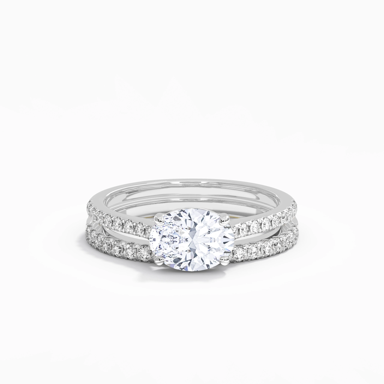Or blanc 18 carats Est Ouest Tige Droite Ensemble nuptial