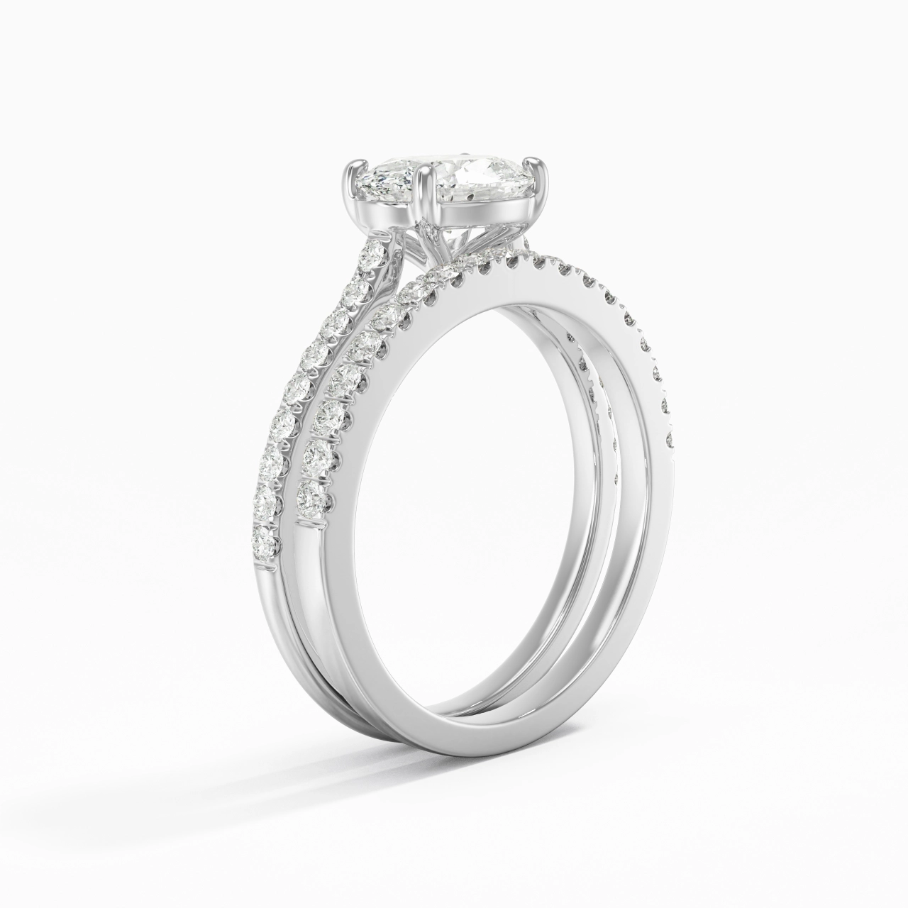 Or blanc 18 carats Est Ouest Tige Droite Ensemble nuptial