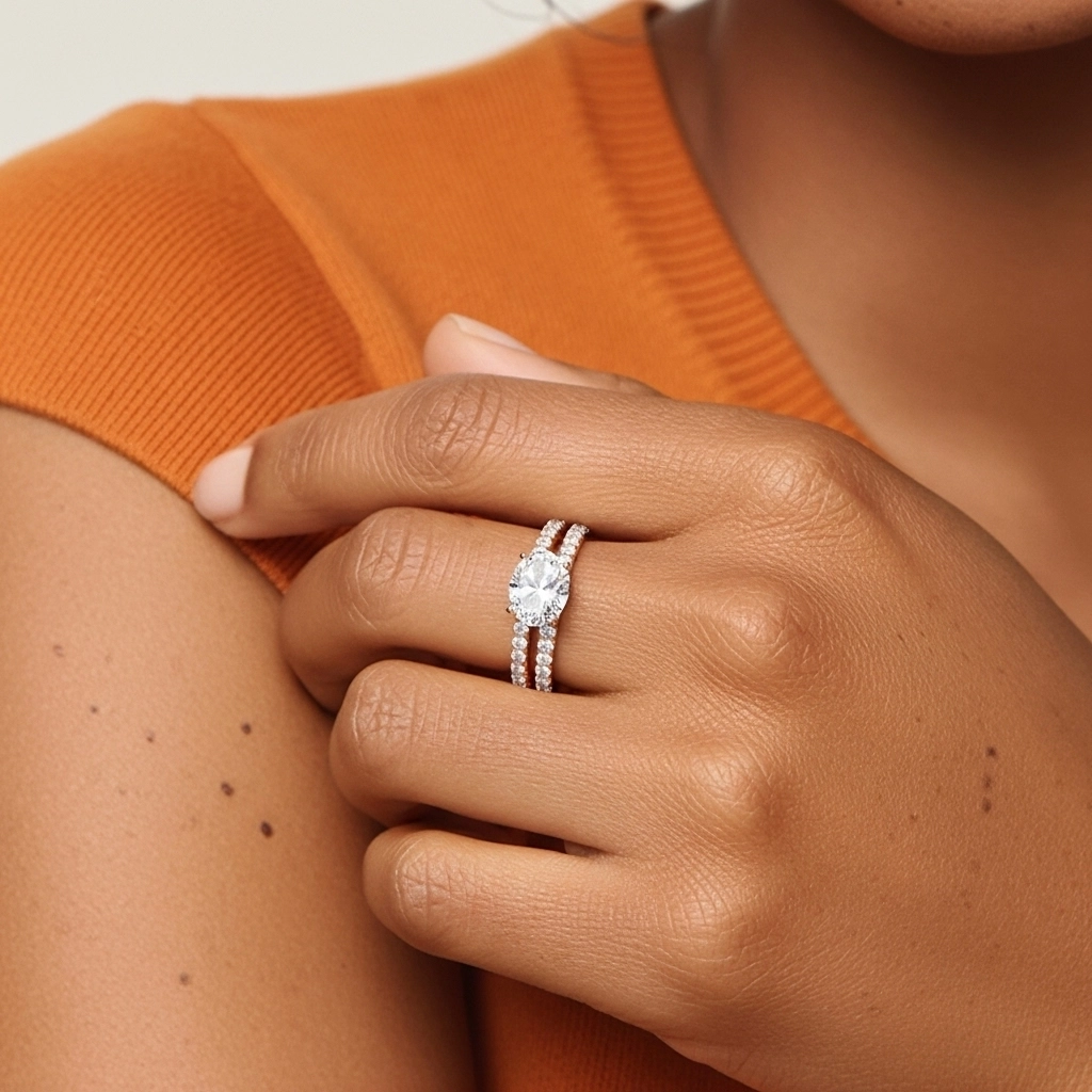 Or rose 14 carats Est Ouest Tige Droite Ensemble nuptial