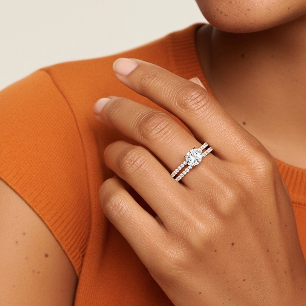 Or rose 14 carats Est Ouest Tige Droite Ensemble nuptial