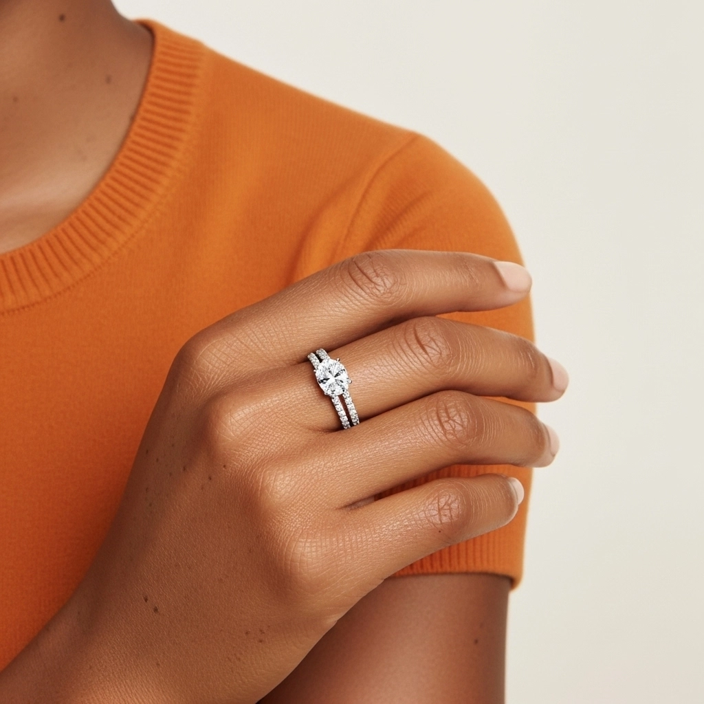 Or blanc 18 carats Est Ouest Tige Droite Ensemble nuptial