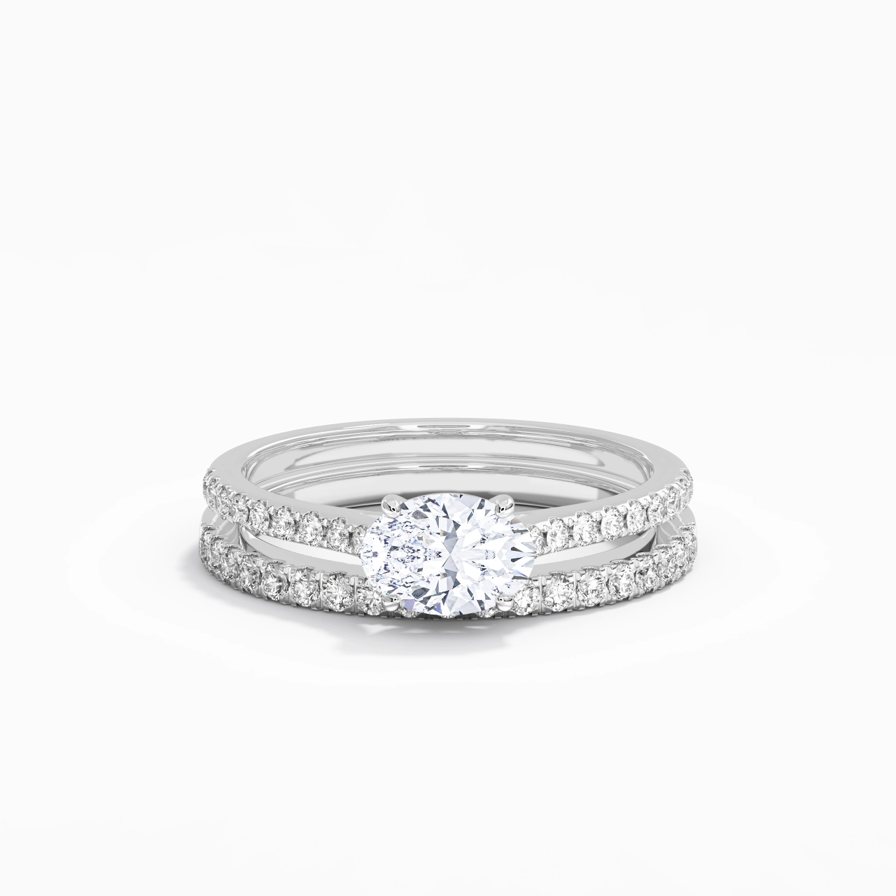 Or blanc 18 carats Est Ouest Tige Droite Ensemble nuptial