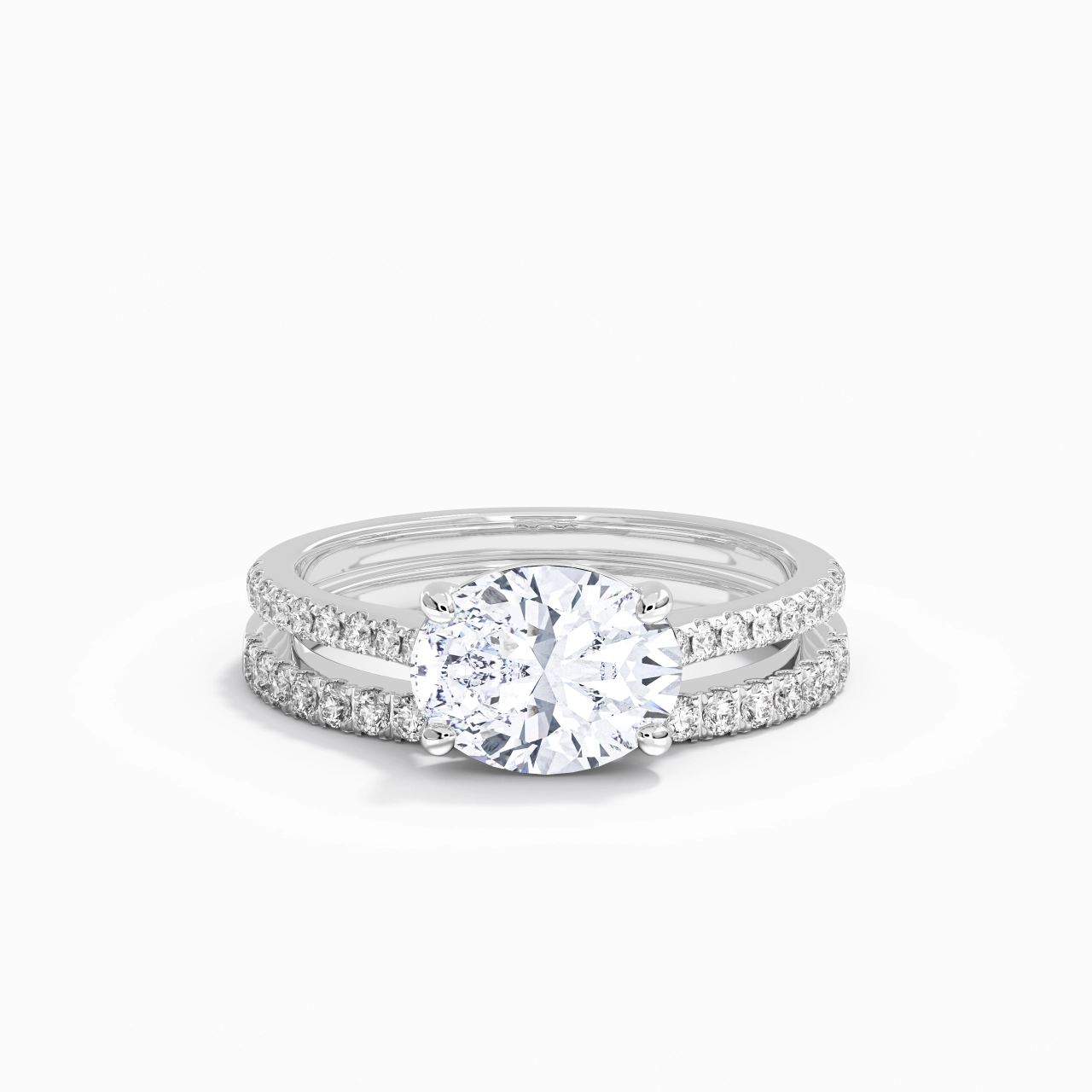 Or blanc 14 carats Est Ouest Tige Droite Ensemble nuptial