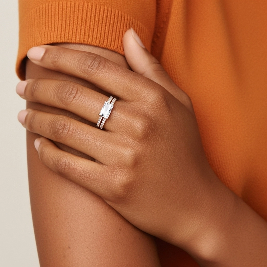 Argent sterling 925 Est Ouest Tige Droite Ensemble nuptial