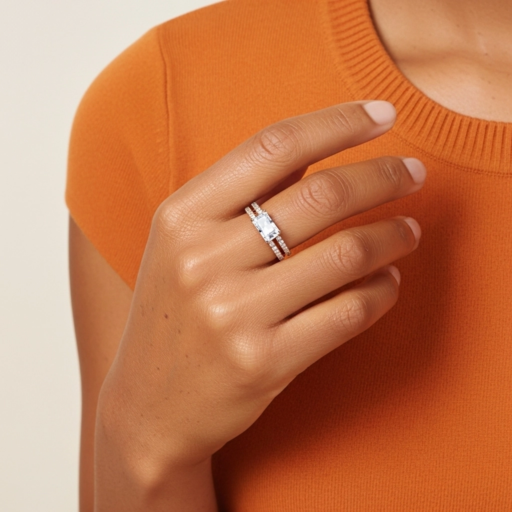 Argent sterling 925 Est Ouest Tige Droite Ensemble nuptial