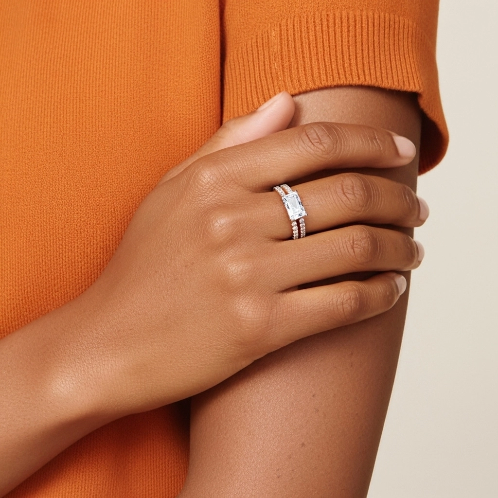 Argent sterling 925 Est Ouest Tige Droite Ensemble nuptial