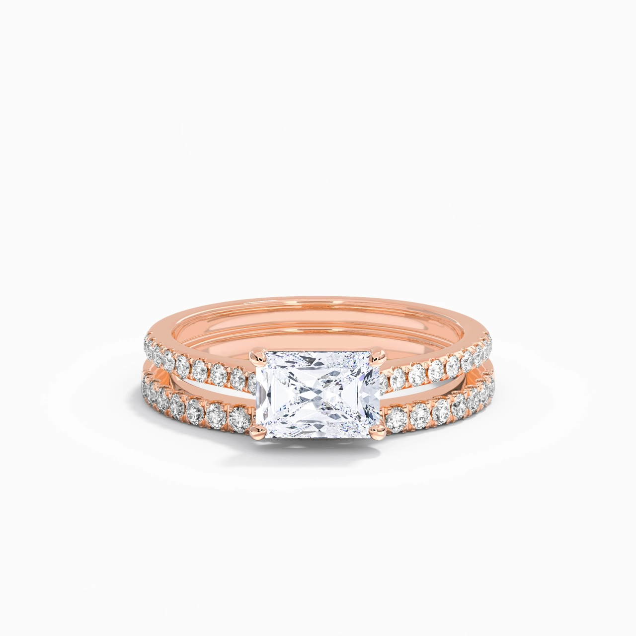 Or rose 18 carats Est Ouest Tige Droite Ensemble nuptial