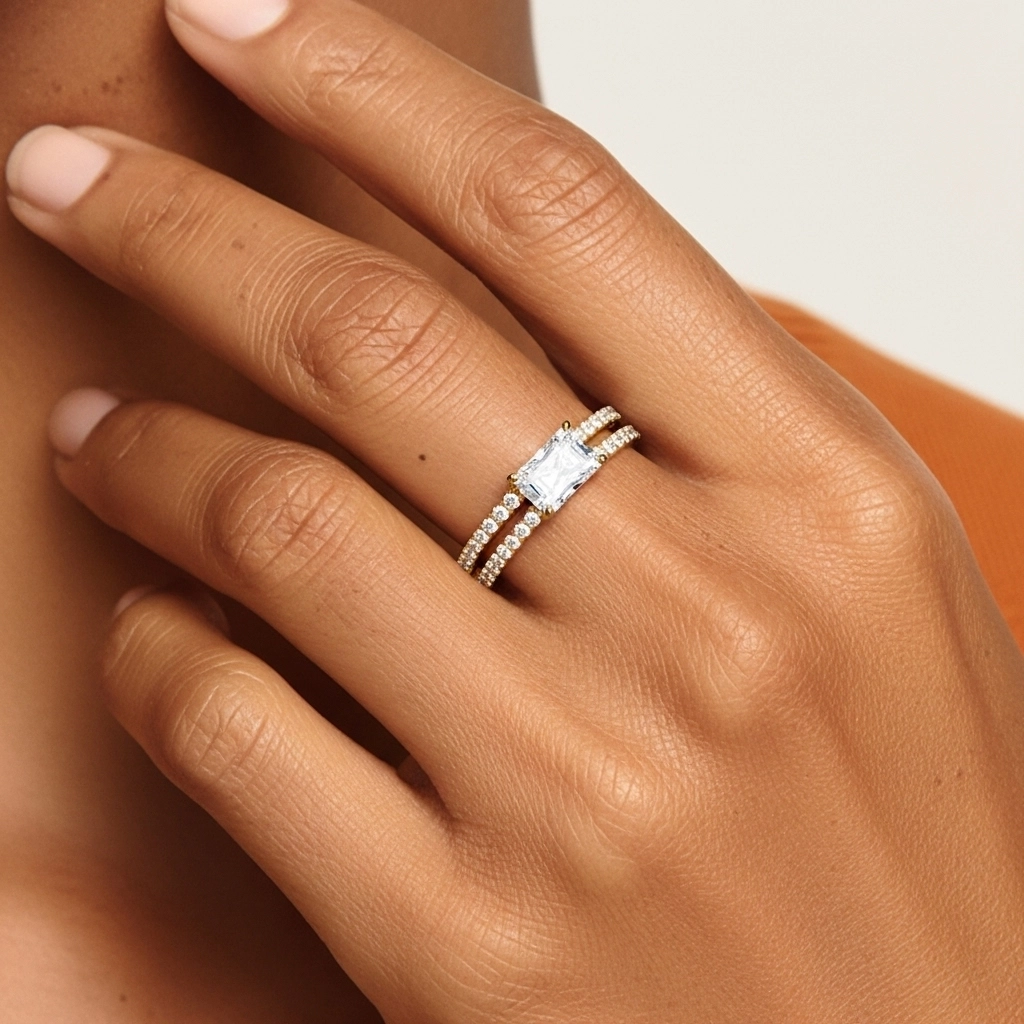 Argent sterling 925 Est Ouest Tige Droite Ensemble nuptial