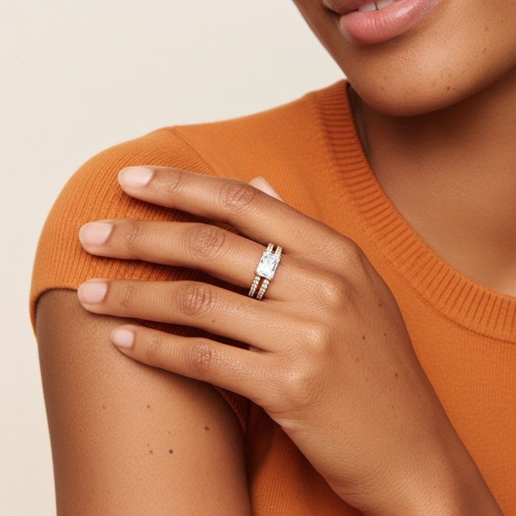 Argent sterling 925 Est Ouest Tige Droite Ensemble nuptial