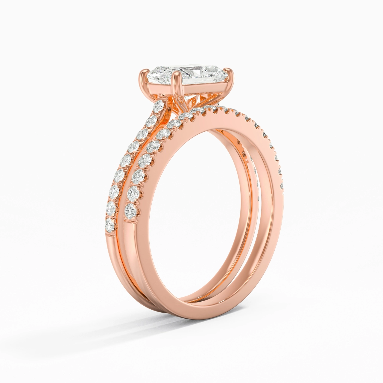 Or rose 18 carats Est Ouest Tige Droite Ensemble nuptial