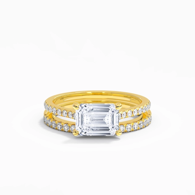 Or jaune 18 carats Est Ouest Classique 2.00ct Moissanite Ensemble nuptial Tige Droite Argent sterling 925