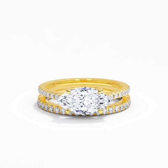 Or jaune 18 carats Est Ouest Classique 2.00ct Moissanite Ensemble nuptial Tige Droite Argent sterling 925