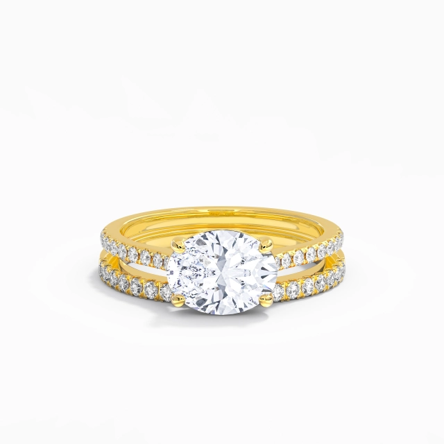 Or jaune 18 carats Est Ouest Classique 2.00ct Moissanite Ensemble nuptial Tige Droite Argent sterling 925
