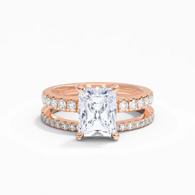 14K Rose Gold Hidden Halo Wedding Ring Set Polish Classic Radiant Moissanite 1.50ct Straight Shank