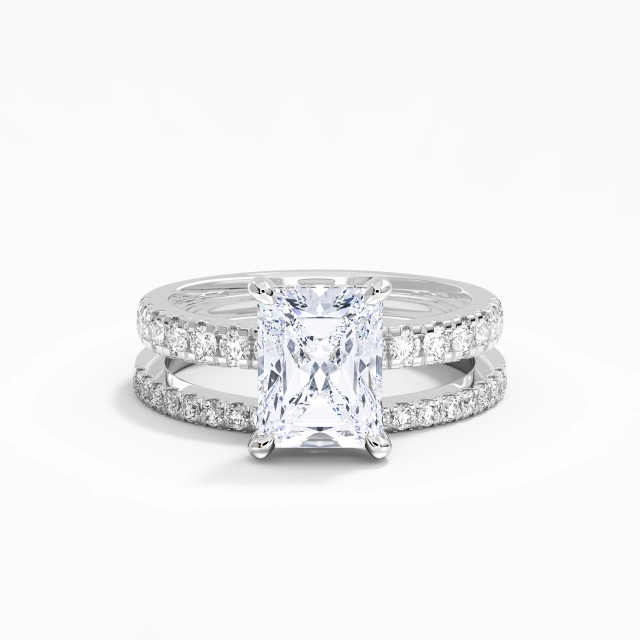 925 Sterling Silver Hidden Halo Wedding Ring Set Polish Plating White Gold Classic Radiant Moissanite 1.50ct Straight Shank