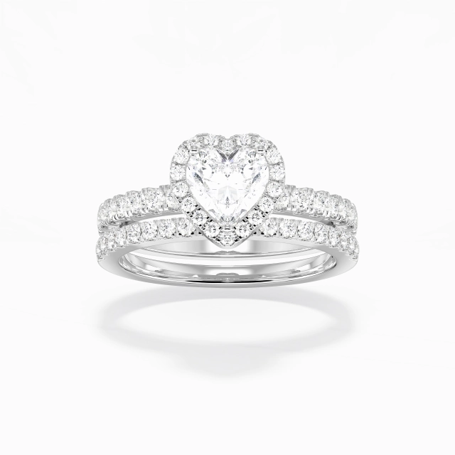 Art Deco Halo Pavé Wedding Ring Set Women White Heart