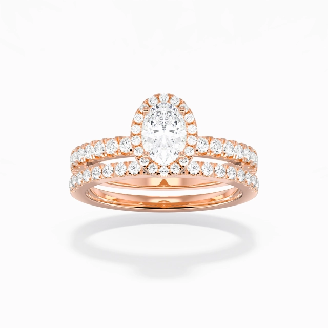 Art Déco Halo Pavé Ensemble d'alliances Femme Blanc Ovale