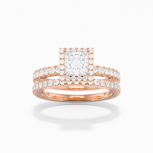 Art Deco Halo Pavé Wedding Ring Set Women White Princess