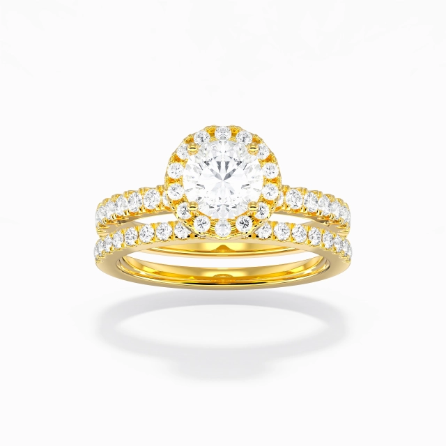 Art Deco Halo Pavé Wedding Ring Set Women White Round