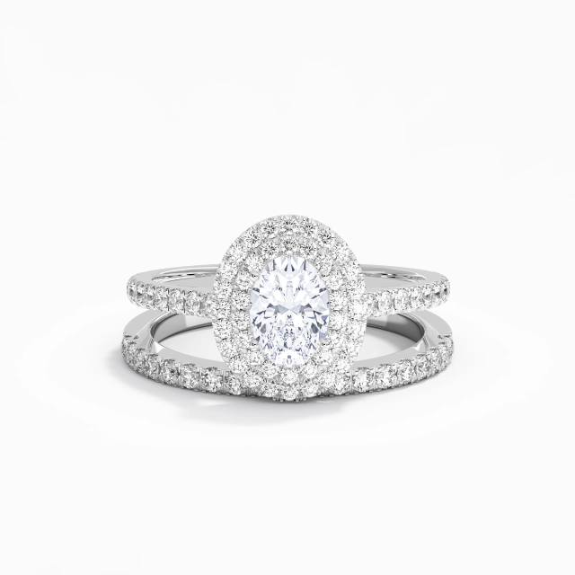 1.00ct Ovale Moissanite Ensemble nuptial Argent sterling 925 Double Halo Le luxe Tige Droite