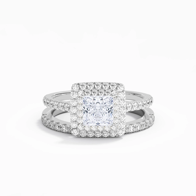 1.00ct Princess Moissanite Bridal Set 925 Sterling Silver Double Halo Luxury Straight Shank