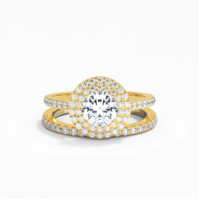 1.00ct Rond Moissanite Ensemble nuptial Argent sterling 925 Double Halo Le luxe Tige Droite