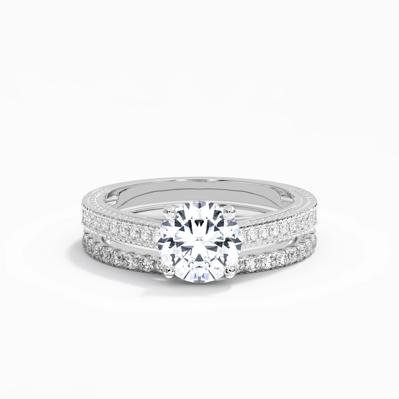 Retro Beaded Milgrain Rope Women 18K White Gold Bridal Set