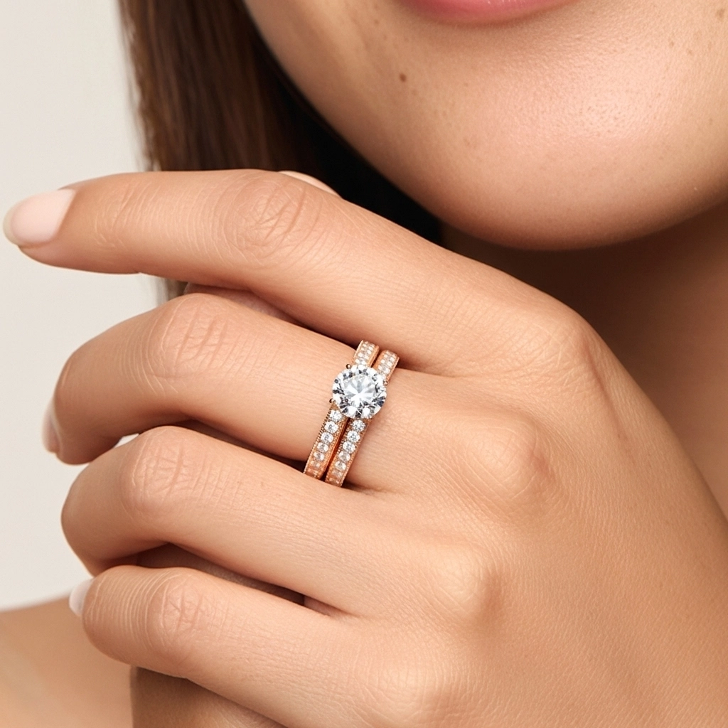 Rétro Perlé Crené Corde Femme Or rose 18 carats Ensemble nuptial