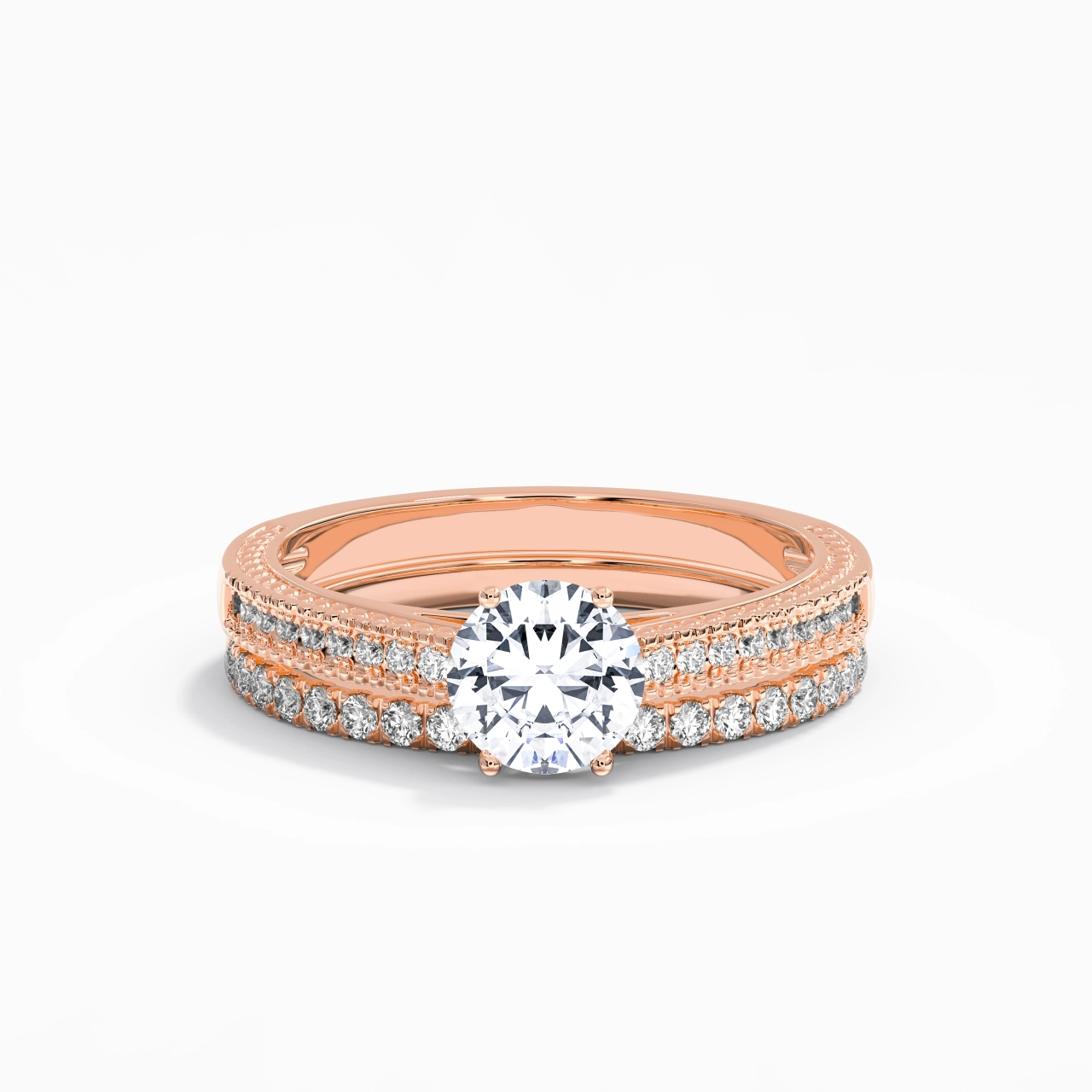 Retro Beaded Milgrain Rope Women 18K Rose Gold Bridal Set