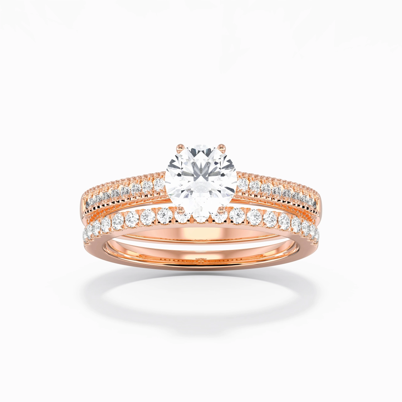 Retro Beaded Milgrain Rope Women 18K Rose Gold Bridal Set