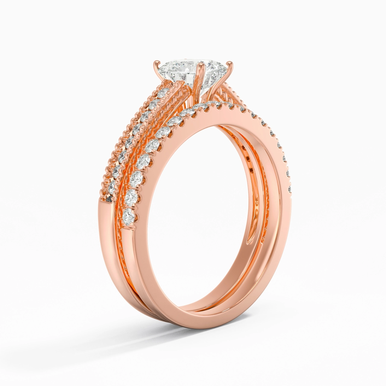 Retro Beaded Milgrain Rope Women 18K Rose Gold Bridal Set