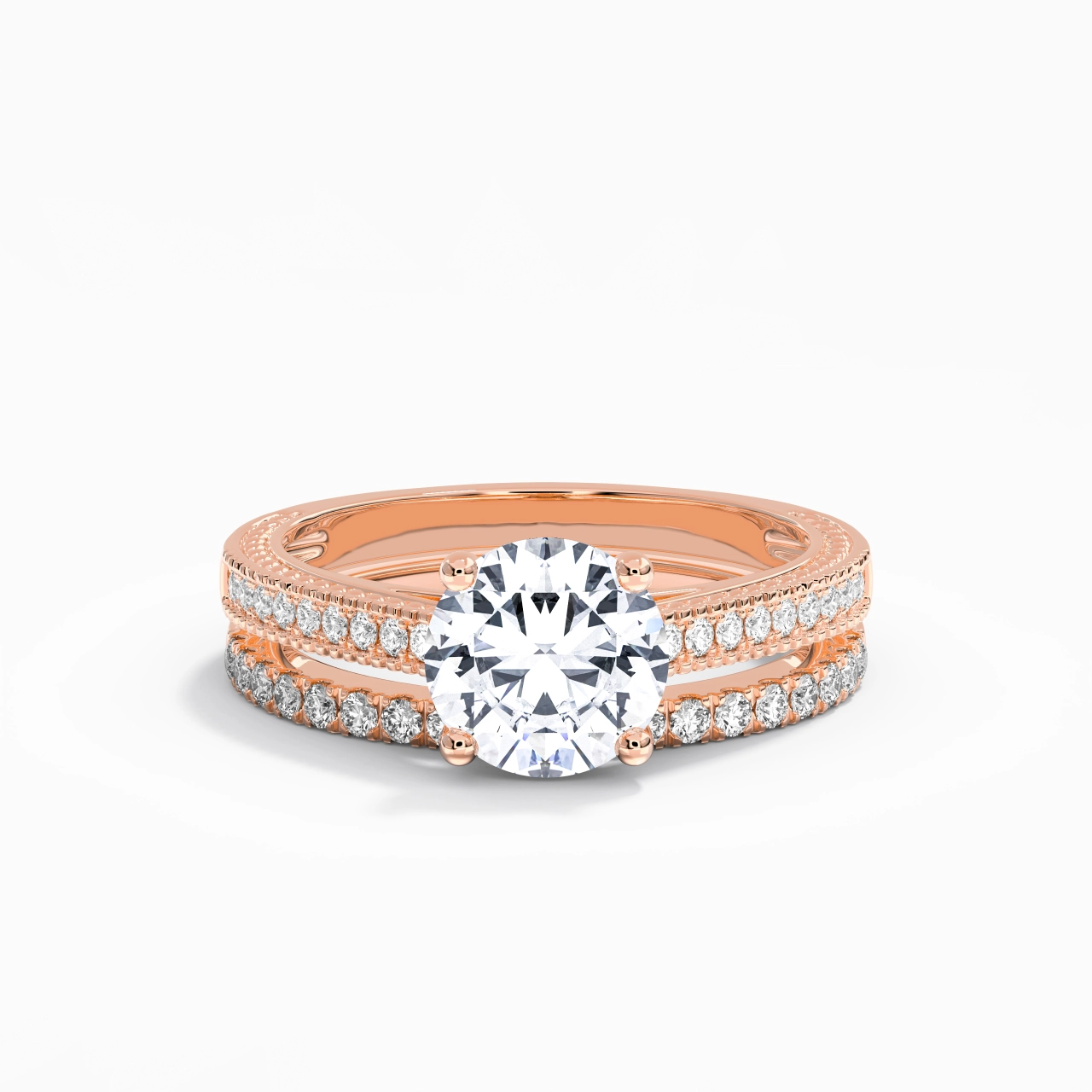 Retro Beaded Milgrain Rope Women 14K Rose Gold Bridal Set