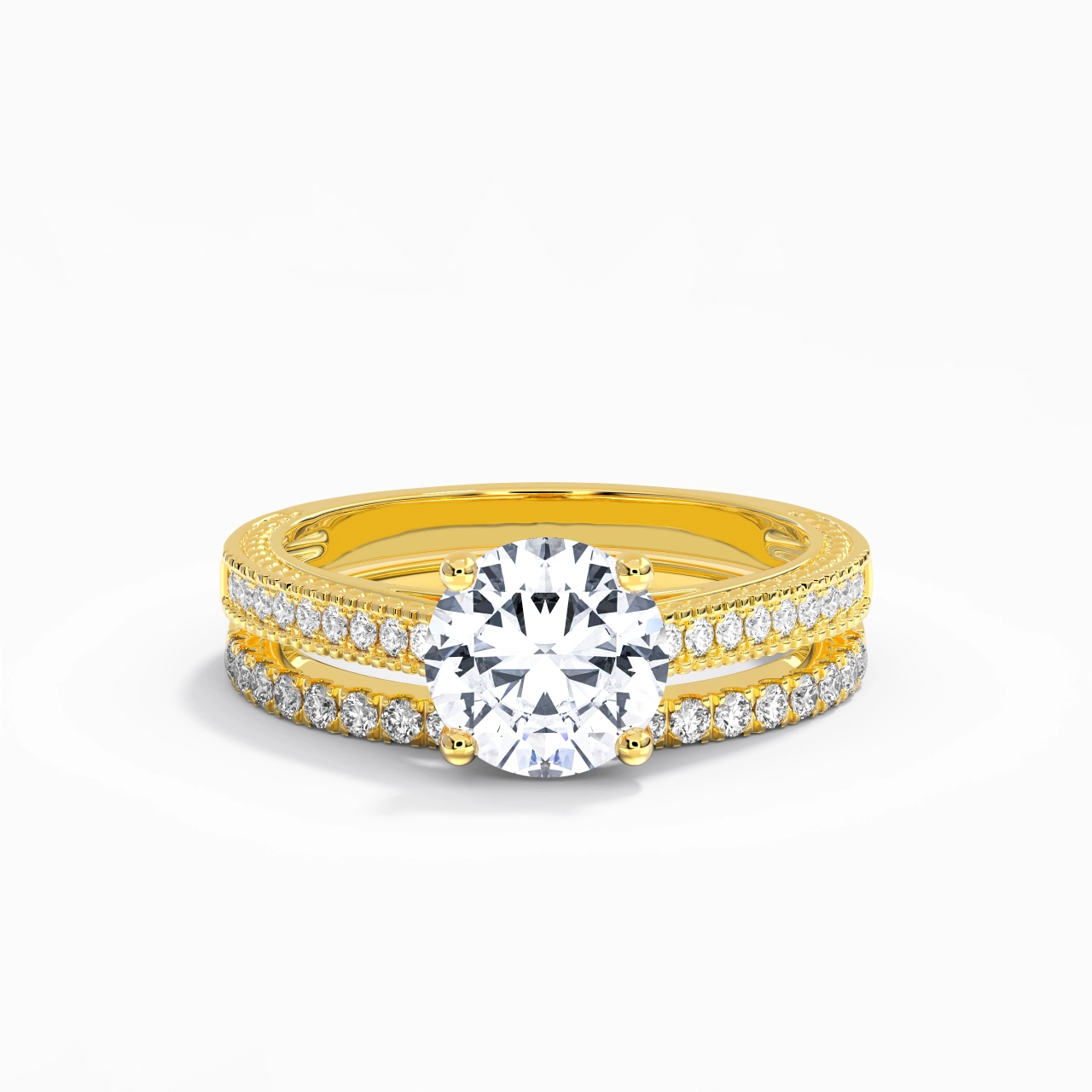 Retro Beaded Milgrain Rope Women 14K Gold Bridal Set