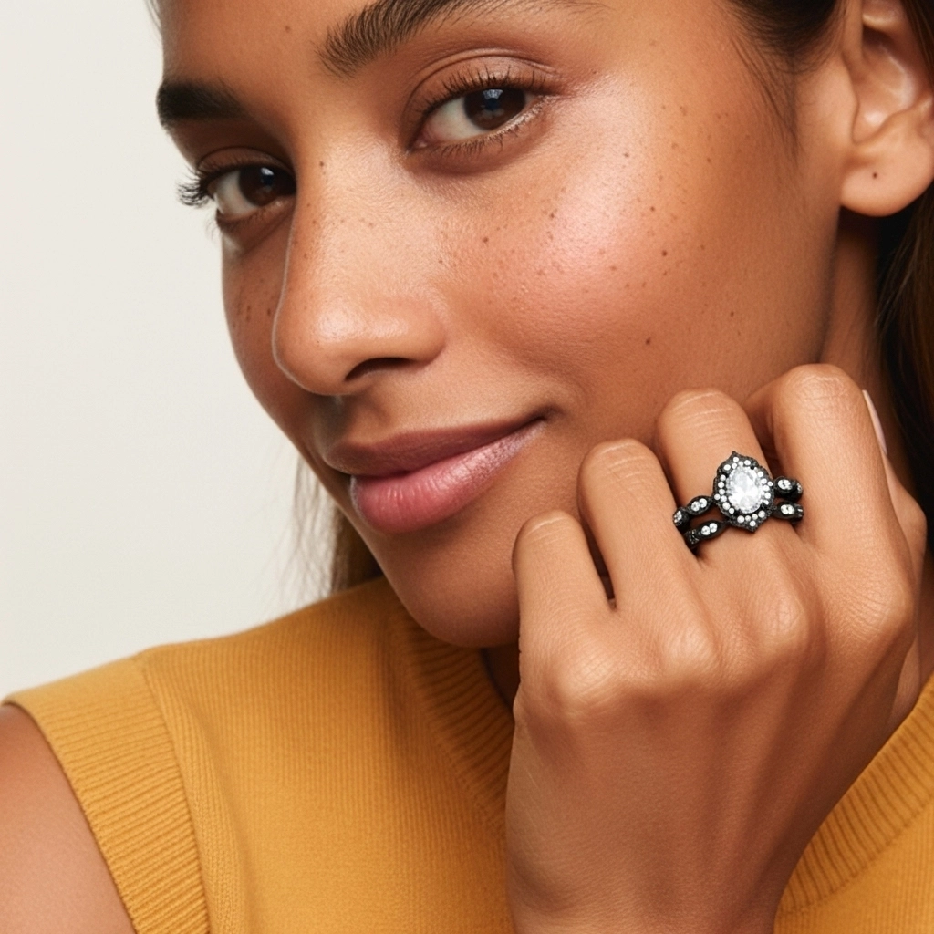 Antique Ovale 1.50ct Zircon cubique Ensemble nuptial