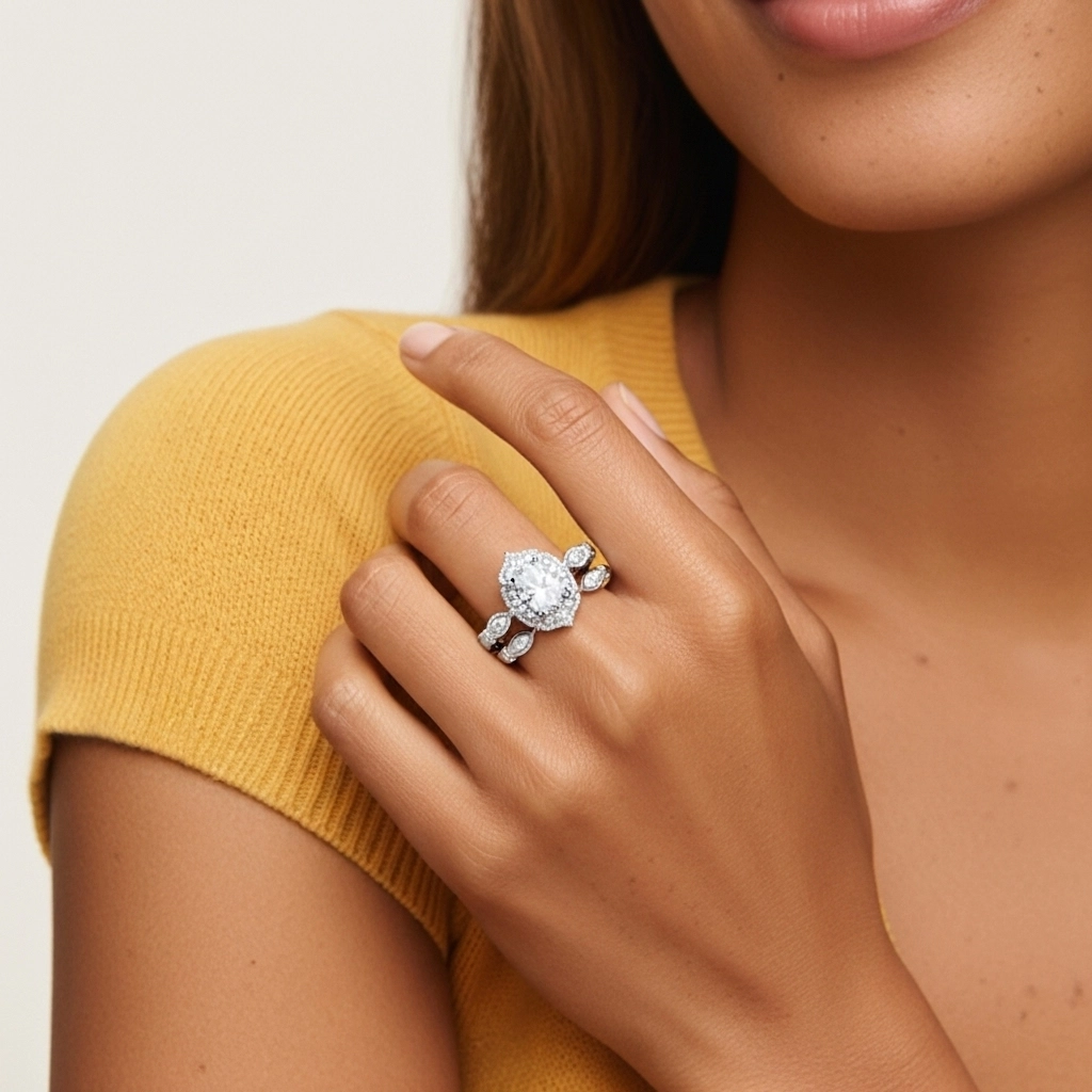 Antique Ovale 1.50ct Zircon cubique Ensemble nuptial