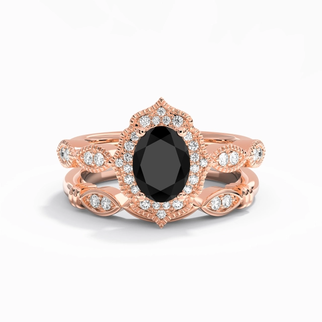 Antique Milgrain Oval Cubic Zirconia Bridal Set 1.50ct In Black 925 Sterling Silver Halo