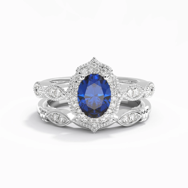 Antique Milgrain Oval Cubic Zirconia Bridal Set 1.50ct In Blue 925 Sterling Silver Halo