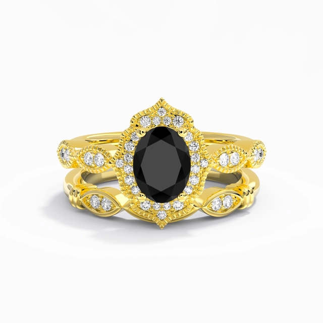 Antique Crené Ovale Zircon cubique Ensemble nuptial 1.50ct En Noir Argent sterling 925 Halo