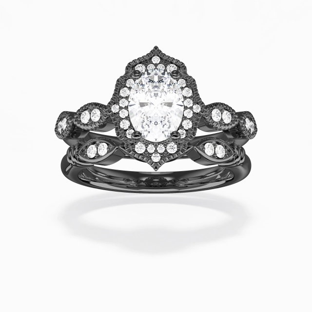 Antiguo Milgranos Ovalado Circonio cúbico Conjunto Nupcial 1.50ct En Blanco Plata esterlina 925 Aro de halo