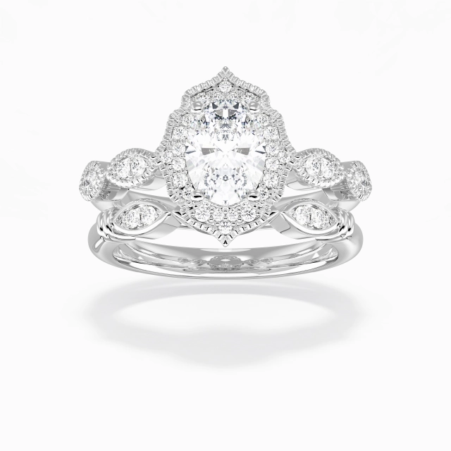 Antique Crené Ovale Zircon cubique Ensemble nuptial 1.50ct En Blanc Argent sterling 925 Halo