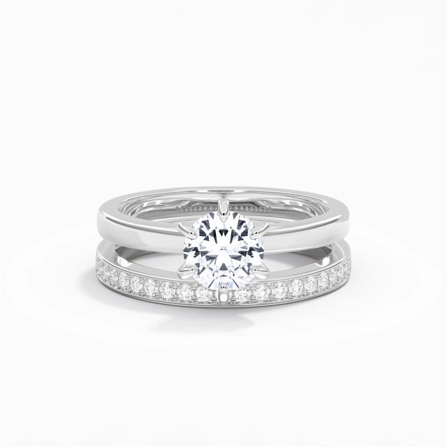 925 Sterling Silver Prong Custom Bridal Set Polish Plating White Gold Classic Round Moissanite 1.00ct Traditional Shank