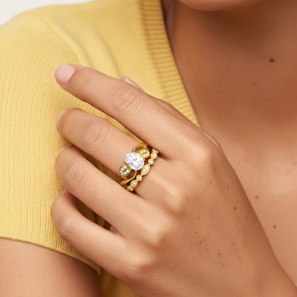 Or jaune 18 carats Plaqué Nature Feuille Ensemble nuptial