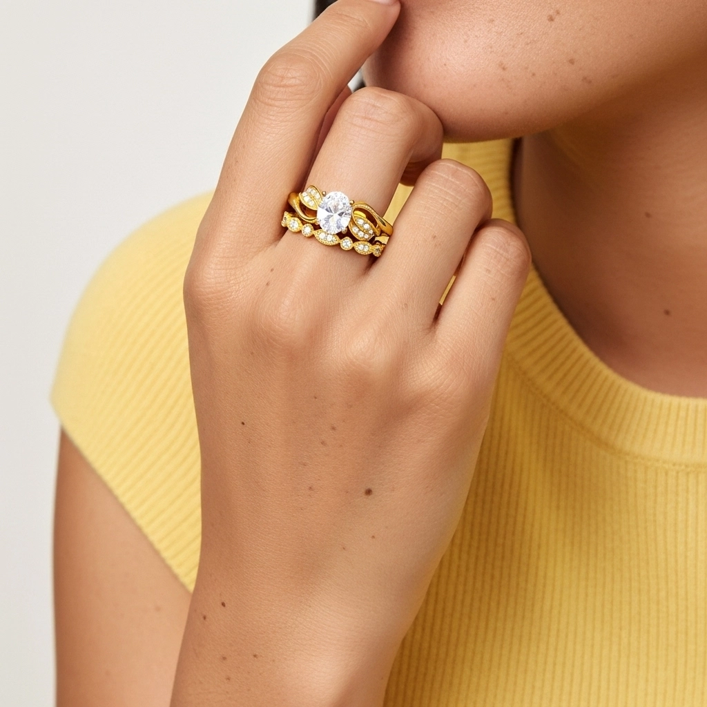 Or jaune 18 carats Plaqué Nature Feuille Ensemble nuptial