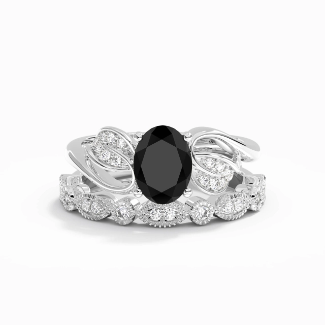 Nature Leaf White Gold Polish Plating 925 Sterling Silver Bridal Set Oval Black Prong Flair Shank Bride