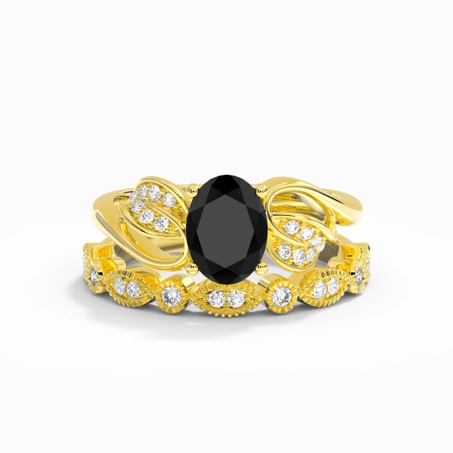 Nature Feuille Or jaune 18 carats Polonais Placage Argent sterling 925 Ensemble nuptial Ovale Noir Griffe Tige Flair Mariée