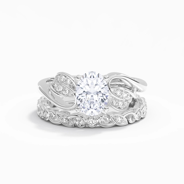 Blossom Leaf Oval Moissanite Wedding Ring Set 1.50ct In White 925 Sterling Silver Prong Flair Shank